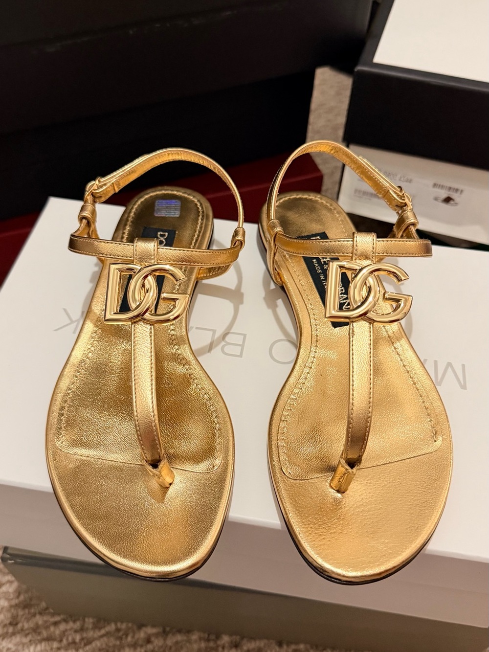 Dolce & Gabbana Metallic Gold DG Logo T-Strap Sandals